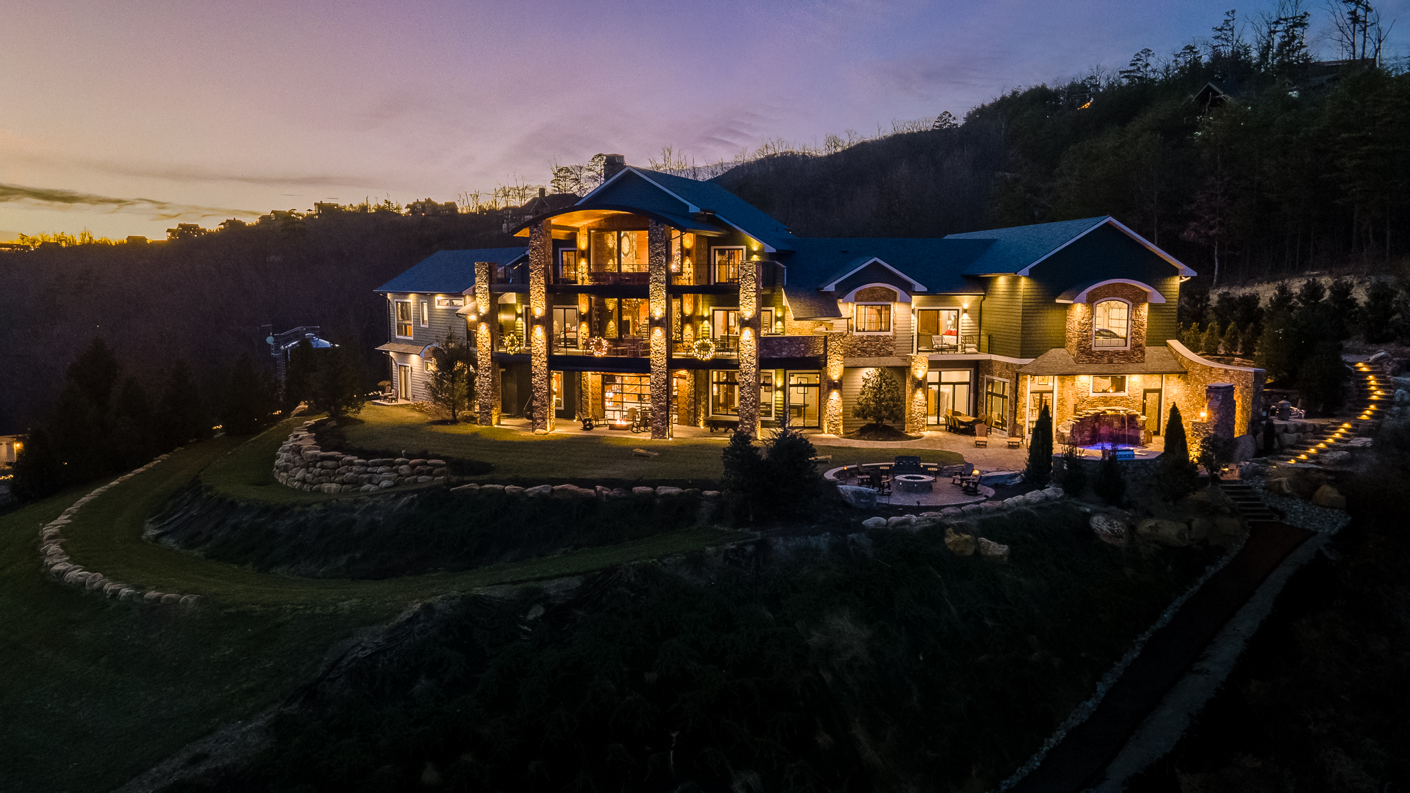 Luxury cabin at twilight in the Smoky Mountains